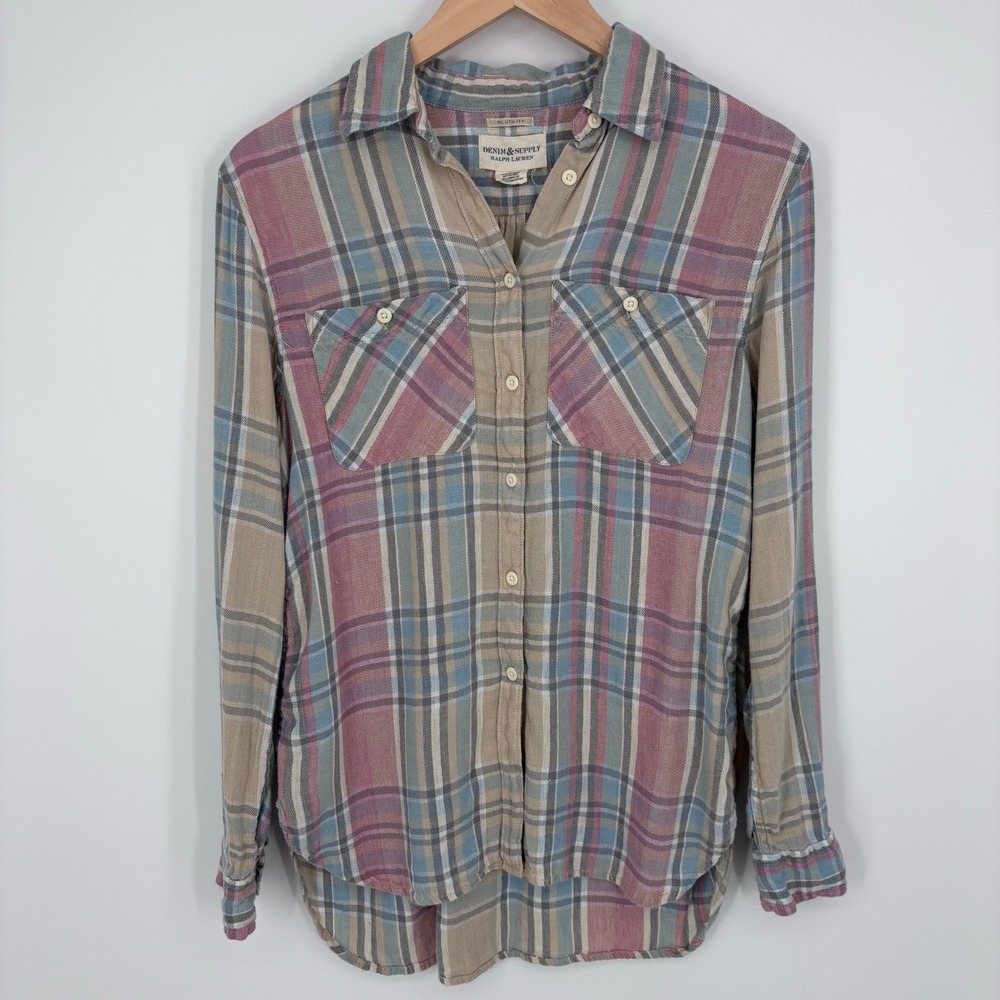 Denim & Supply Ralph Lauren RL Utility Plaid Linen Cotton Tunic Shirt Womens M
